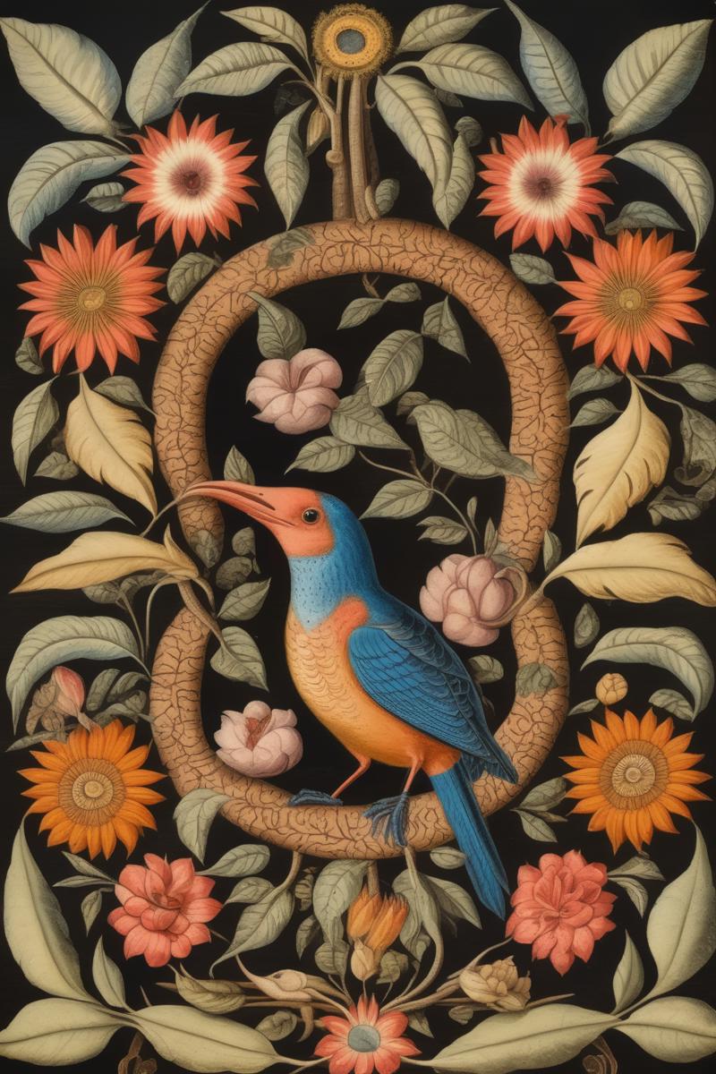 00136-604436585-_lora_Mark Catesby Style_1_Mark Catesby Style - Mark Catesby style birds mandala, bird in the middle, and with circle of flowers.png